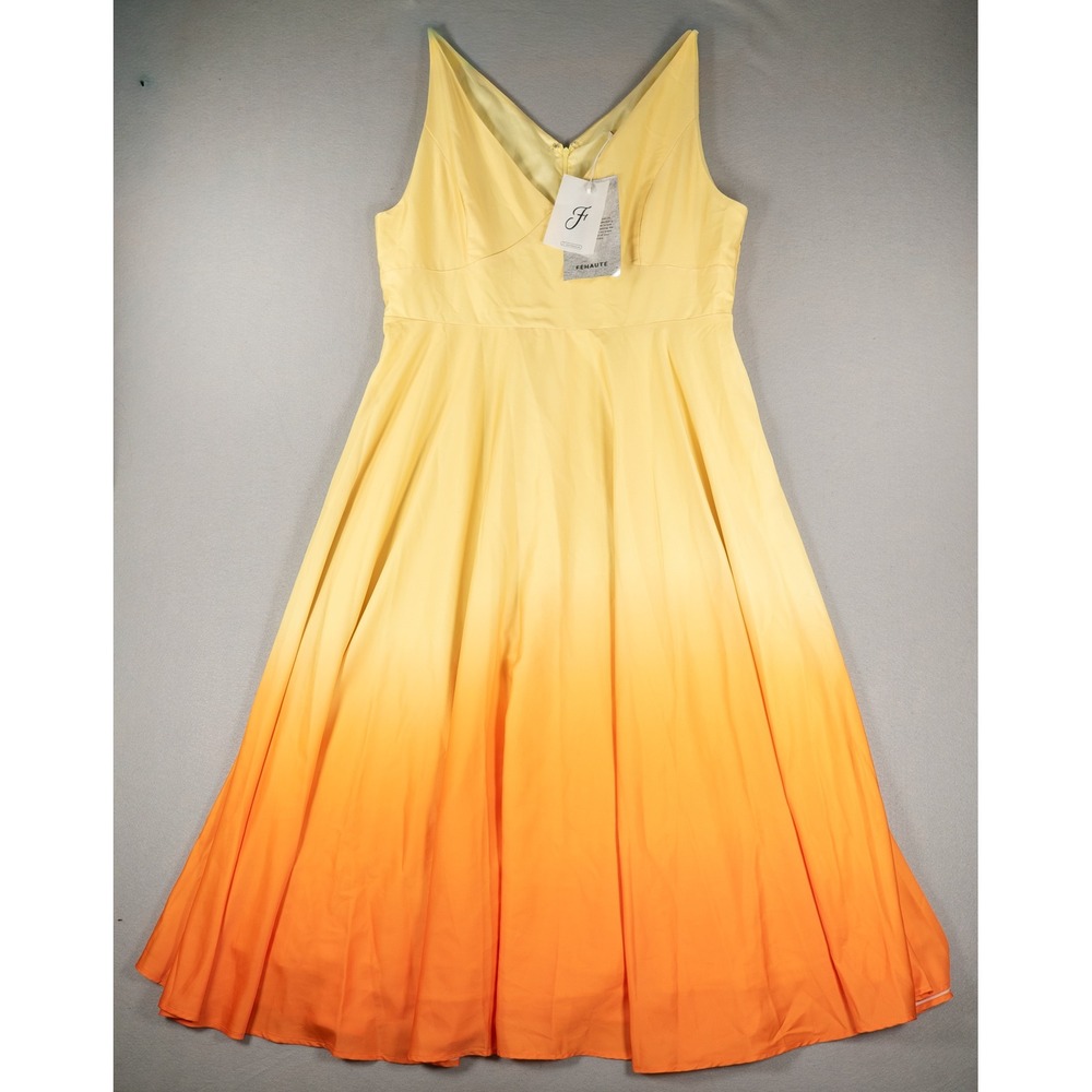 FEHAUTE Womens Ombre V-Neck Fit and Flare Midi Dress Yellow Orange Size 14 NEW